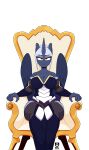  absurd_res amber_eyes anthro blue_body blue_fur chair clothing equid equine fan_character fur furniture grey_hair hair hasbro hi_res horn legwear looking_at_viewer mammal my_little_pony redxbacon sitting stern_look stockings throne winged_unicorn wings 