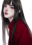  1girl black_hair brown_eyes buttons collared_shirt from_side leila_lee lips long_hair looking_at_viewer looking_to_the_side original parted_lips red_shirt shirt signature simple_background solo straight_hair upper_body white_background 