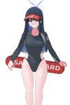  1girl absurdres black_hair black_one-piece_swimsuit blue_archive blue_eyes breasts collarbone feet_out_of_frame halo highres hrna lifeguard long_hair long_sleeves looking_at_viewer medium_breasts multicolored_clothes multicolored_swimsuit one-piece_swimsuit saori_(blue_archive) simple_background solo swimsuit visor_cap whistle whistle_around_neck white_background 