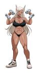  1girl :d abs animal_ears azmi_yudista bare_shoulders black_panties black_sports_bra boku_no_hero_academia breasts cleavage collarbone dark-skinned_female dark_skin dumbbell exercise full_body high_tops highleg highleg_panties highres large_breasts long_eyelashes long_hair looking_at_viewer mirko navel nike open_mouth panties parted_bangs rabbit_ears rabbit_girl red_eyes shoes smile sneakers solo sports_bra stomach teeth thighs toned underwear upper_teeth_only very_long_hair weightlifting white_background white_footwear white_hair 