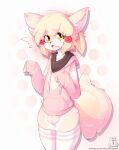  2023 anthro balls bottomless canid canine clothed clothing cute_fangs emanata eyebrows fingers fur genitals green_eyes hi_res hoodie hoodie_(artist) legwear mammal open_mouth pink_clothing pink_hoodie pink_topwear solo squish teeth text thigh_highs thigh_squish tongue topwear url 