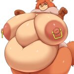  1:1 4_fingers absurd_res anthro belly big_belly big_breasts big_nipples breasts canid canine clothed clothing deep_navel eyebrows female fingers fox fur gloves_(marking) grey_nose hair hi_res hidenafox inner_ear_fluff mammal markings navel nipple_piercing nipples obese obese_anthro obese_female orange_body orange_fur orange_hair overweight overweight_anthro overweight_female panties piercing pink_nipples shirt simple_background solo standing tail tan_inner_ear_fluff topwear tuft underwear white_background yellow_eyes 