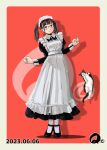  1girl black_dress black_footwear brown_hair cat dated dress full_body glasses long_hair looking_at_viewer maid maid_headdress pantyhose q98780409 red_background simple_background solo standing twintails white_pantyhose 