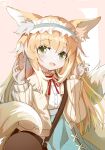  1girl :d absurdres animal_ear_fluff animal_ears aqua_hairband aqua_skirt arknights bag blonde_hair blush brown_bag cardigan chinese_commentary claw_pose commentary_request fox_ears fox_girl fox_tail frilled_hairband frills green_eyes hairband hands_up high-waist_skirt highres kitsune kyuubi long_hair long_sleeves looking_at_viewer multicolored_hair multiple_tails neck_ribbon official_alternate_costume open_cardigan open_clothes open_mouth puffy_long_sleeves puffy_sleeves red_ribbon ribbon round_bag sadman shirt shoulder_bag skirt smile solo suzuran_(arknights) suzuran_(spring_praise)_(arknights) tail two-tone_hair upper_body white_hair white_shirt yellow_cardigan 