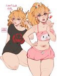  2girls alternate_costume artist_name bare_shoulders black_shirt bowsette breasts closed_mouth collarbone cowboy_shot crown earrings english_text hand_on_own_hip hand_up heart highres jewelry kamii_momoru large_breasts leaning_forward long_hair mario_(series) multiple_girls navel pink_shorts ponytail princess_peach seiza shirt short_sleeves shorts sitting stomach 