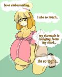  animal_crossing anthro belly big_belly big_breasts big_butt black_eyes blonde_hair breasts butt canid canine canis cleavage clothed clothing dialogue domestic_dog female fur hair hi_res holding_stomach isabelle_(animal_crossing) kneeling mammal navel nintendo open_mouth pompuffy_(artist) rumbling_stomach shih_tzu solo sound_effects stuffing tail text thick_thighs thought_bubble toy_dog yellow_body yellow_fur 