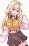  1girl absurdres blonde_hair blush bow bow_hairband breasts brown_skirt clothing_cutout commentary_request cowboy_shot drawstring fingernails green_bow hair_between_eyes hair_bow hairband headphones headphones_around_neck highres hood hood_down hoodie ieiri_popo ieiri_popo_(2nd_costume) jewelry large_breasts long_bangs long_hair long_sleeves looking_at_viewer midriff multicolored_hair nanashi_inc. necklace official_alternate_costume open_mouth plaid plaid_bow purple_eyes shishishi shoulder_cutout sidelocks simple_background skirt smile solo streaked_hair suspender_skirt suspenders v virtual_youtuber white_background yellow_hoodie 