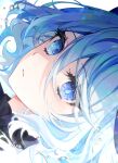  1girl 58_(opal_00_58) absurdres air_bubble ascot black_ascot blue_ascot blue_brooch blue_eyes blue_hair bubble close-up commentary drop-shaped_pupils eyelashes furina_(genshin_impact) genshin_impact hair_between_eyes heterochromia highres light_blue_hair looking_at_viewer multicolored_hair parted_lips portrait revision sidelocks sideways solo streaked_hair two-tone_hair water_drop white_background 