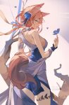  1girl absurdres animal_ears arknights back bare_shoulders blue_eyes breasts bug butterfly cmdr_saturn dress heidi_(arknights) highres long_hair pink_hair sideboob solo tail 