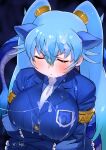  1girl absurdres after_ejaculation animal_ears aqua_hair arms_under_breasts blue_hair blue_suit blush breasts closed_eyes commentary crossed_arms cum cum_on_body cum_on_breasts cum_string dragon_girl dragon_tail facial from_above frown gloves gradient_hair hair_between_eyes highres jacket japari_symbol_print kemono_friends kemono_friends_3 large_breasts long_hair long_sleeves masuyama_ryou multicolored_hair necktie seiryuu_(kemono_friends) simple_background solo suit tail twintails upper_body very_long_hair white_necktie 