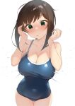  1girl alternate_breast_size blue_one-piece_swimsuit blush breast_expansion breasts brown_hair cleavage dot_nose fubuki_(kancolle) green_eyes hair_ribbon head_tilt highres holding holding_wrench kantai_collection large_breasts long_hair looking_at_viewer multiple_girls one-piece_swimsuit one_eye_closed parted_lips pink_hair red_ribbon ribbon sakieko school_swimsuit sidelocks simple_background solo standing sweatdrop swimsuit tongue tongue_out white_background wrench 
