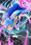  1girl absurdres ahoge artist_name blue_cape blue_dress blue_eyes blue_footwear blue_hair boots building cape clenched_hands commentary cure_sky cut_bangs detached_sleeves dress earclip energy fingerless_gloves flying fringe_trim frown gloves highres hirogaru_sky!_precure long_hair magical_girl motion_lines multicolored_hair night night_sky open_mouth outdoors pink_hair precure puffy_sleeves signature single_sidelock sky solo sora_harewataru streaked_hair thighhighs tirofinire twintails very_long_hair white_gloves white_thighhighs wing_hair_ornament 