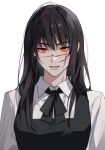  1girl 41097772s black_hair chainsaw_man collared_shirt commentary_request cross_scar dress fourth_east_high_school_uniform highres korean_commentary long_hair looking_at_viewer parted_lips pinafore_dress red_eyes ringed_eyes scar scar_on_cheek scar_on_face school_uniform shirt simple_background sleeveless sleeveless_dress solo teeth upper_body white_background white_shirt wing_collar yoru_(chainsaw_man) 