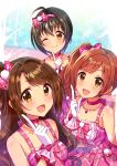  3girls :d ;d absurdres ahoge bare_shoulders black_hair blush bow bowtie breasts brown_eyes brown_hair choker cleavage closed_mouth collarbone dot_nose dress gloves hair_bow hair_ornament hairband hand_up heart heart_hair_ornament highres idolmaster idolmaster_cinderella_girls idolmaster_cinderella_girls_starlight_stage igarashi_kyoko index_finger_raised jewelry kohinata_miho long_hair looking_at_viewer medium_breasts multiple_girls necklace one_eye_closed one_side_up open_mouth pink_bow pink_bowtie pink_check_school_(idolmaster) pink_choker pink_dress pink_hairband pink_ribbon plaid plaid_dress plaid_ribbon pom_pom_(clothes) ribbon sakura_ran shimamura_uzuki short_hair side_ponytail sleeveless sleeveless_dress smile sparkle two-tone_background white_gloves 