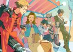  2boys 2girls absurdres bag blonde_hair blurrymoss cigarette closed_eyes cross doughnut earrings food highres jewelry meryl_stryfe milly_thompson multiple_boys multiple_girls nicholas_d._wolfwood paper_bag ring short_hair sunglasses trigun vash_the_stampede 