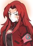  1girl black_bodysuit blush bodysuit cleavage_cutout closed_mouth clothing_cutout commentary_request gebura_(project_moon) grey_eyes heterochromia jacket lobotomy_corporation long_hair long_sleeves medu_(rubish) open_clothes open_jacket parted_bangs project_moon red_armband red_hair red_jacket scar scar_across_eye scar_on_cheek scar_on_face solo sweat upper_body yellow_eyes 