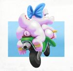  2023 3_toes accessory anthro big_breasts big_butt big_nipples birdo black_pupils blue_background blue_eyes border bow_ribbon breasts butt diamond_ring feet female genitals hair_accessory hair_bow hair_ribbon half-closed_eyes hi_res looking_at_viewer looking_back lying mario_bros motorcycle narrowed_eyes nintendo nipples on_front onihidden pink_body pink_scales pupils pussy raised_tail rear_view red_body red_nipples red_pussy red_scales ribbons ring scales scalie simple_background solo tail thick_thighs toes vehicle white_border 