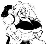  2023 abs absurd_res ahoge anthro armband armor biceps big_breasts black_and_white breasts button_ears canid canine canis clothed clothing crop_top domestic_dog emanata fangs female fingerless_gloves flexing flexing_bicep floppy_ears gloves hair handwear hi_res huge_breasts jaq_artz long_hair mammal midriff miel_gallerte_(anaugi) monochrome muscular muscular_female navel open_mouth open_smile pauldron ponytail scarf shirt signature simple_background smile snaggle_tooth solo teeth topwear under_boob white_background 