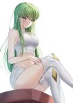  1girl absurdres bare_arms blush boots breasts budgiepon c.c. code_geass crop_top crossed_bangs crossed_legs curvy eyes_visible_through_hair feet_out_of_frame from_side green_hair hair_between_eyes highres lips long_hair looking_at_viewer medium_breasts navel parted_lips shirt shorts shy sidelocks simple_background sitting solo stomach straight_hair thigh_boots thighhighs thighs undressing very_long_hair white_background white_shirt white_shorts white_thighhighs yellow_eyes 