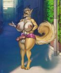  absurd_res anthro big_breasts big_penis bottomwear breasts canid canine clothing emily_art exhibitionism fox genitals hi_res intersex ivka mammal miniskirt nude penis public public_nudity skirt solo 