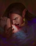  1boy biting blood blood_from_mouth brown_hair castlevania castlevania:_nocturne dark-skinned_male dark_skin earrings fangs green_eyes high_collar highres jewelry long_hair looking_at_viewer male_focus mellarkboxers neck_biting olrox open_mouth pointy_ears single_earring solo_focus vampire 