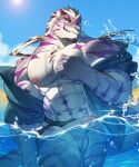  2023 abs absurd_res anthro beach biceps blue_sky bulge chaiyi clothed clothing cloud deltoids facial_hair felid flexor_carpi fur goatee grin hair hi_res jacket jockstrap jockstrap_only light light_beam long_ponytail looking_aside male mammal muscular muscular_anthro muscular_male muscular_thighs navel nipples obliques pantherine partially_submerged pecs ponytail purple_body purple_fur purple_stripes sadiend seaside sky smile solo splash standing_in_water star_pattern striped_body striped_fur stripes sunbeam sunlight tiger topless topwear underwear underwear_only wet wet_body wet_fur white_hair yellow_eyes 