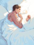  1boy back_tattoo bara closed_eyes dark-skinned_male dark_skin goatee_stubble lying male_focus nude on_bed on_side original pillow short_hair sleeping solo sunlight tattoo the-efaf-draws thick_eyebrows toned toned_male under_covers upper_body 