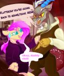  2023 4_fingers absurd_res anthro antlers beard bodily_fluids chimera clothing daddy_kink dankpegasista dialogue digital_media_(artwork) discord_(mlp) draconequus duo english_text equid equine eyebrows facial_hair fangs female feral fingers fluttershy_(mlp) friendship_is_magic fur green_eyes grey_body grey_fur hair hasbro hi_res hooves horn horse male mammal my_little_pony open_mouth pink_hair pink_inner_ear pony red_body red_eyes red_scales scales sweat sweatdrop teeth text thick_eyebrows yellow_body yellow_fur yellow_sclera 