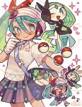  1girl aqua_hair bag bag_charm beanie blue_eyes blush blush_stickers bow charm_(object) chibi chibi_inset forehead_jewel fukomo gloves green_hair hair_bow hat hatsune_miku headphones heart long_hair meloetta meloetta_(aria) miniskirt music musical_note one_eye_closed open_mouth piano_print plaid plaid_skirt pleated_skirt poke_ball poke_ball_(basic) poke_ball_print pokemon pokemon_(creature) polo_shirt project_voltage red_bow shirt shoes shoulder_bag singing single_glove skirt smartwatch smile sneakers sparkle twintails unown unown_m vocaloid watch white_gloves white_shirt wristwatch 