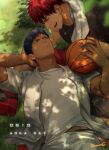  2boys aomine_daiki ball basketball_(object) black_shirt blue_eyes closed_mouth day holding holding_ball jewelry kagami_taiga kuroko_no_basuke looking_at_another male_focus multiple_boys necklace open_clothes open_mouth open_shirt outdoors pants red_eyes red_shorts shirt shorts smile towel towel_around_neck white_pants white_shirt yaoi zawar379 