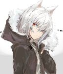  1boy accelerator_(toaru_majutsu_no_index) animal_ears anninn_do_fu closed_mouth commentary_request electrodes fur-trimmed_hood fur_trim hand_up highres hood hooded_jacket jacket long_sleeves male_focus medium_hair open_clothes open_jacket red_eyes sideways_glance solo toaru_majutsu_no_index upper_body white_hair 