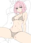  1girl bare_arms bare_shoulders bikini cameltoe commentary elysia_(honkai_impact) grey_bikini groin highres honkai_(series) honkai_impact_3rd kili_kilio looking_at_viewer navel parted_lips pink_eyes pink_hair pointy_ears simple_background solo spread_legs swimsuit thick_eyebrows white_background zoom_layer 
