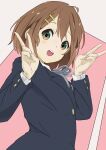  1girl absurdres blue_jacket brown_eyes brown_hair double_v highres hirasawa_yui jacket k-on! long_sleeves looking_at_viewer sakuragaoka_high_school_uniform school_uniform shirt short_hair smile solo v white_shirt yuiui_keion 