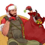  1boy arm_hair bara beard blush bulletproof_vest character_request couch dark-skinned_male dark_skin facial_hair feet_out_of_frame gift_bag gloves hat highres looking_at_viewer male_focus mature_male on_couch rainbow_six_siege red_gloves santa_hat saury_dog short_hair sitting smile solo 