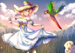  1girl :d animal animal_on_head artist_name bare_shoulders bird bird_on_hand bird_on_head blue_eyes camera camera_around_neck cloud commentary detached_sleeves doki_doki_literature_club dress english_commentary grass hair_between_eyes hat on_head open_mouth outdoors parrot pink_hair puffy_detached_sleeves puffy_sleeves sayori_(doki_doki_literature_club) short_hair skirt_hold smile solo sun_hat takuyarawr white_dress worm 