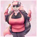  1:1 2023 anthro apron artist_name big_breasts breasts canid canine canis clothed clothing cutlery female fluffy fluffy_tail fur green_eyes grey_body grey_fur hair handwear hi_res kitchen_utensils mammal mittens neck_tuft open_mouth rakkyoarts ribbon_(bowhuskers) solo spoon tail thick_thighs tools tuft wolf 