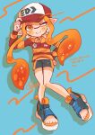  1girl absurdres baseball_cap bike_shorts blue_background commentary_request dated hand_on_own_hip hat highres inkling inkling_girl long_hair one_eye_closed orange_eyes orange_hair orange_shirt payayo884 red_headwear shirt simple_background smile solo splatoon_(series) toes translation_request two-tone_headwear two-tone_shirt white_headwear 