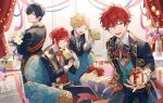  4boys amagi_hiiro aqua_eyes black_hair black_pants blonde_hair blue_eyes bouquet bow bowtie box chair closed_mouth collared_shirt commentary_request cowboy_shot curtains ensemble_stars! flower flower_request gift gift_box green_hair harukawa_sora hidaka_hokuto holding holding_bouquet holding_gift lapels long_sleeves lower_teeth_only male_focus multicolored_hair multiple_boys notched_lapels one_eye_closed open_mouth orange_eyes pants pink_flower pink_ribbon pink_rose red_bow red_bowtie red_hair ribbon rose sakasaki_natsume seuga shirt short_hair sitting standing streaked_hair teeth vase white_hair 