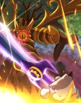  1boy 1other disembodied_limb embers gloves highres huge_weapon kirby&#039;s_return_to_dream_land kirby&#039;s_return_to_dream_land_deluxe kirby_(series) leo_taranza magolor master_crown master_crown_(tree) no_humans one-eyed spoilers sword torn_clothes tree twitter_username weapon wings 