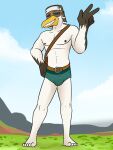  anthro avian aviator_cap aviator_glasses briefs briefs_only bulge clothed clothing fuze gesture grin hi_res male navel nintendo nipples outside penn_(totk) rito smile solo the_legend_of_zelda topless underwear underwear_only v_sign 