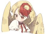  1girl animal animal_on_head bird bird_on_head bird_wings blonde_hair blush chick closed_mouth highres multicolored_hair nama_udon niwatari_kutaka on_head portrait red_eyes red_hair shirt short_hair short_sleeves simple_background solo touhou two-tone_hair white_background white_shirt wings yellow_wings 