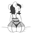  absurd_res anthro big_butt bra buckteeth butt clothing dorkass female garter_belt garter_straps gown hair hi_res long_hair looking_at_viewer looking_back mammal monochrome murid murine open_mouth panties rat rodent simple_background sitting solo surprise tail teeth underwear 