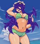  1girl bikini breasts filia_(skullgirls) highres navel red_eyes samson_(skullgirls) skullgirls smile solo stomach stunnsfw swimsuit teeth thighs 