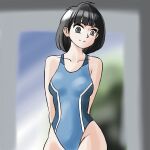 1girl antenna_hair arms_behind_back black_hair blue_one-piece_swimsuit blurry blurry_background collarbone grey_eyes highres one-piece_swimsuit original pict9370 short_hair solo standing swimsuit two-tone_one-piece_swimsuit 