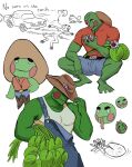  amphibian anthro bald bottomwear car clothed clothing cowboy_hat drawfee_(copyright) english_text frog fully_clothed green_body green_skin hat headgear headwear hi_res itskatieclearly lily_pad male muscular pants plant ribbit_ranger shirt solo text topwear vehicle 