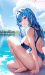  1girl ass blue_eyes blue_hair blurry blurry_background braid breasts cleavage competition_swimsuit eyebrows_hidden_by_hair goddess_of_victory:_nikke helm_(nikke) highleg highleg_swimsuit highres large_breasts long_hair one-piece_swimsuit parted_lips pinkmill4545 pool poolside sideboob solo swimsuit thighs two-tone_swimsuit water wet window 