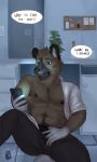  2023 absurd_res aggressive_retsuko anthro bottomwear brown_body brown_fur clothed clothing comic english_text fur haida hi_res hyena looking_at_object looking_at_phone lumarten male mammal open_clothing open_shirt open_topwear pants pubes sanrio shirt sitting solo spotted_hyena text topwear undressing 
