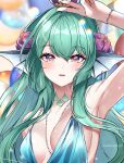  1girl blush bracelet breasts cleavage commentary crown english_commentary finana_ryugu fins flower gradient_eyes green_hair hair_flower hair_ornament head_fins highres jewelry lacia_everlight long_hair medium_breasts mini_crown multicolored_eyes neck_tattoo nijisanji nijisanji_en open_mouth purple_eyes purple_flower solo tattoo virtual_youtuber yellow_eyes 