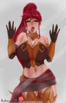  1girl aestheticc-meme against_glass armored_boots bar_censor bare_shoulders boots breast_press breasts breasts_on_glass brown_tube_top censored circlet gauntlets green_eyes grey_background highres large_breasts licking long_hair looking_at_viewer navel open_mouth ponytail pyrrha_nikos red_hair rwby simple_background solo strapless thigh_boots tongue tongue_out tube_top very_long_hair web_address 