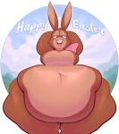  2022 anthro belly big_belly big_breasts breasts brown_body brown_fur cadbury cadbury_bunny colored digital_drawing_(artwork) digital_media_(artwork) easter english_text female fur hi_res holidays lagomorph leporid looking_at_viewer mammal mascot narrowed_eyes navel nude overweight overweight_anthro overweight_female rabbit ribbons ridiculouscake smile solo text thick_thighs wide_hips 